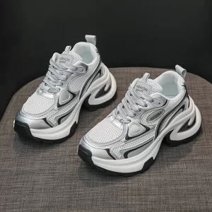 2025 Chunky Sneakers Women Mesh Silver Lace-up Round Toe Breathable Running Sport Shoes Female 1